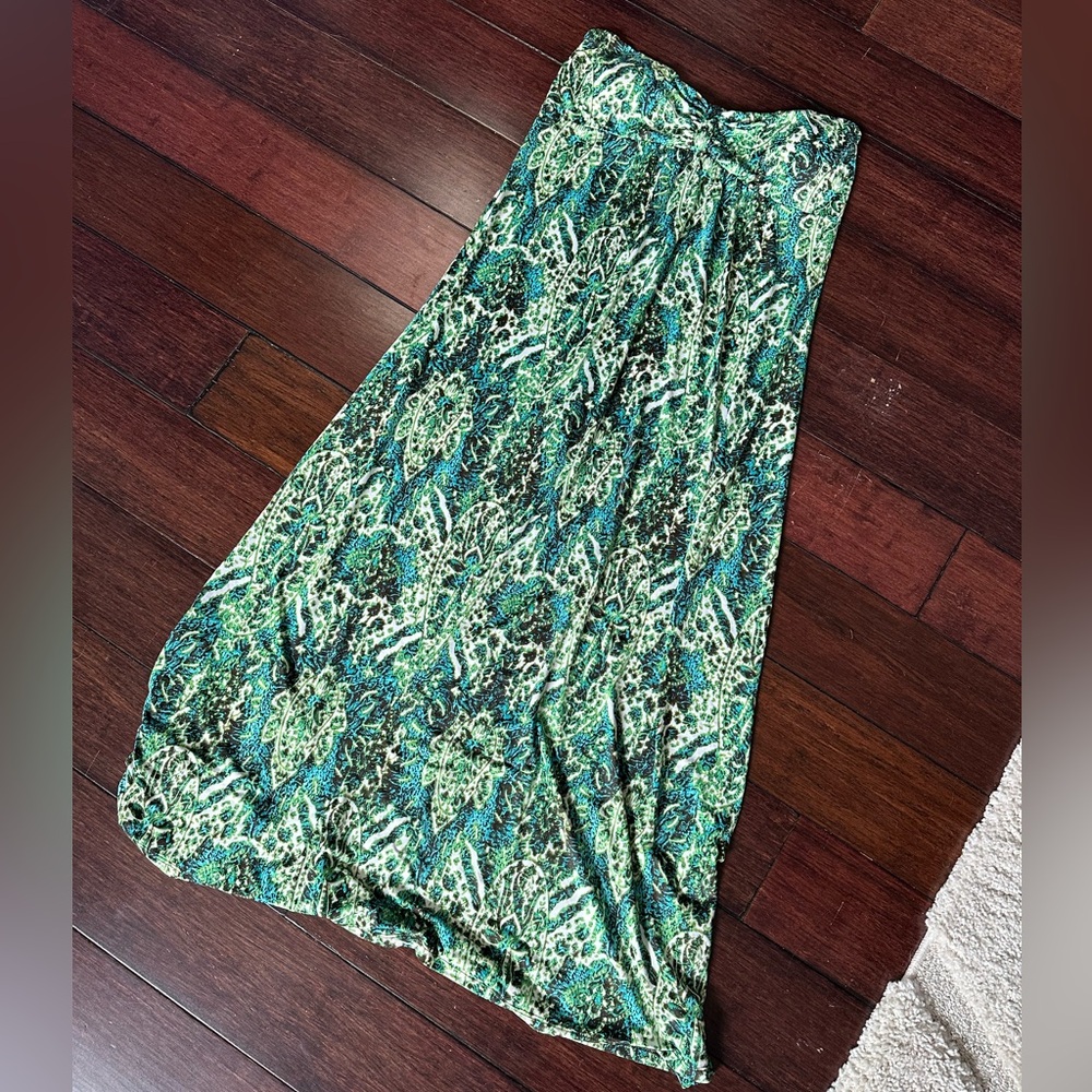 Blue and Green Asymmetrical Strapless Maxi Dress